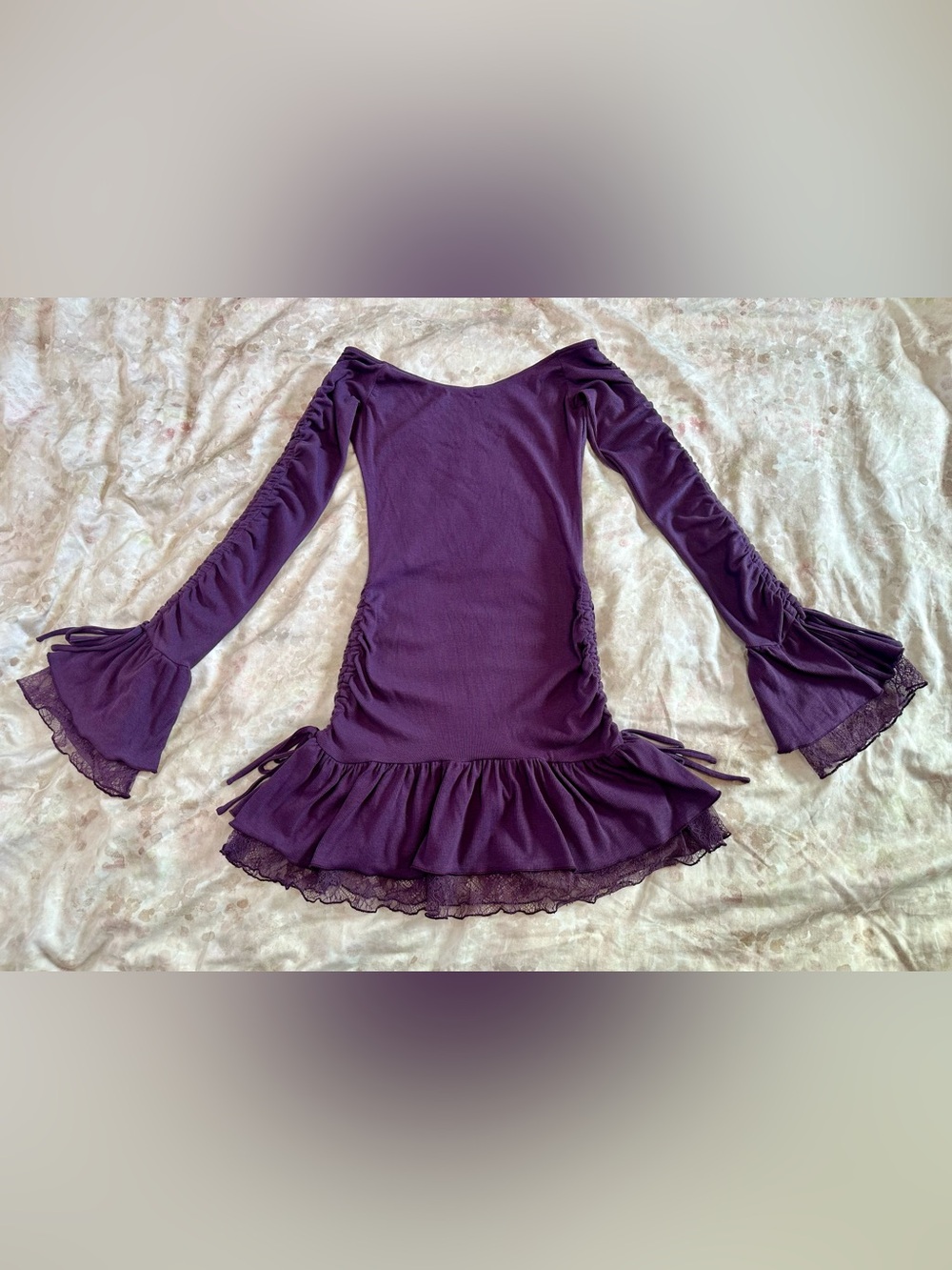 Current Mood Purple Ruched Long-Sleeve Ruffle Mini Dress